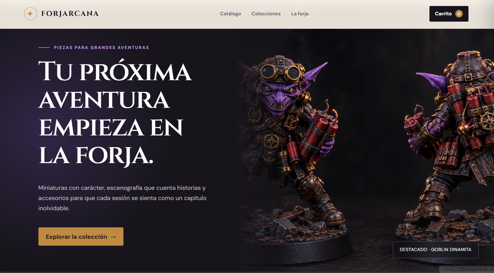 Vista previa de la landing de Forjarcana, tienda de miniaturas y figuras